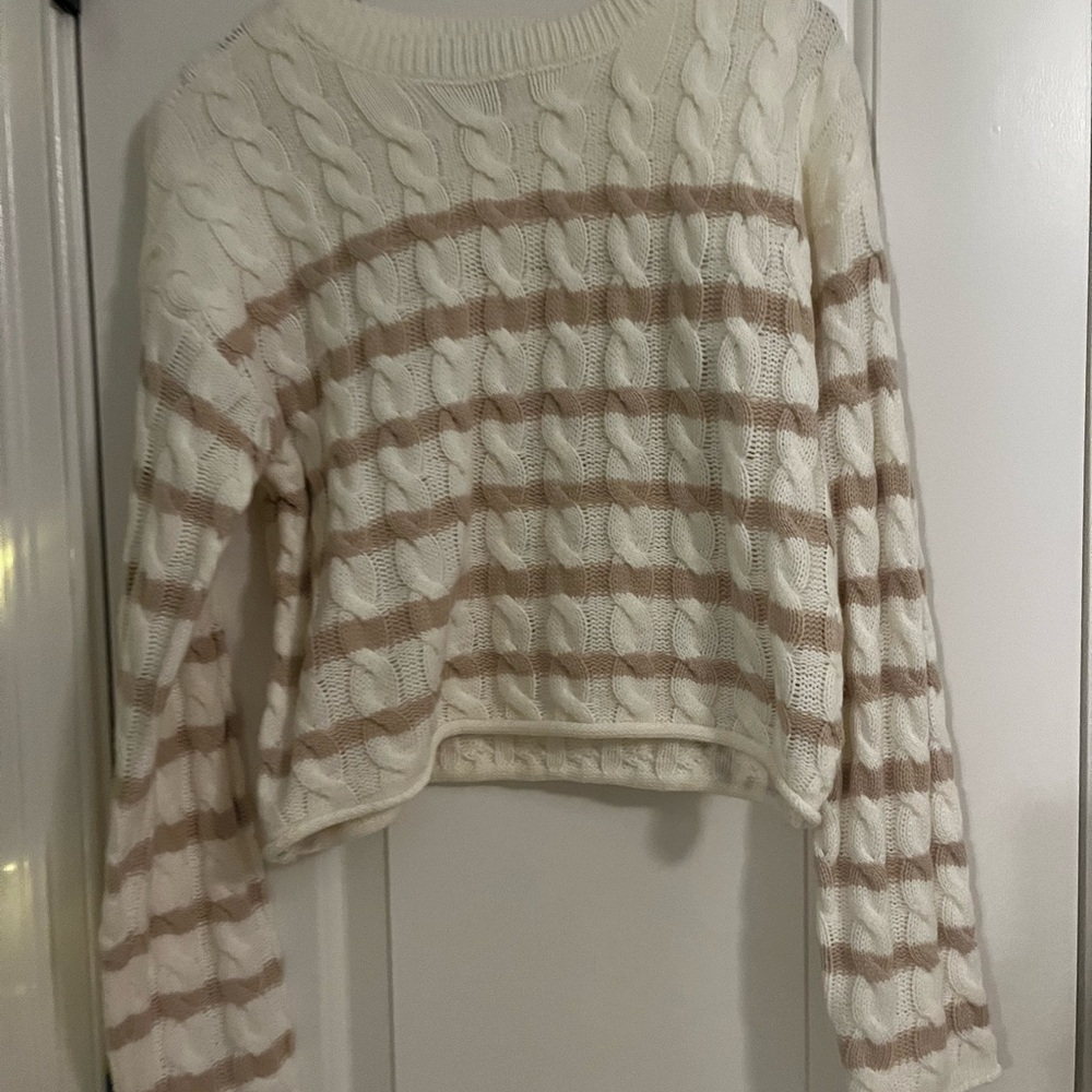 Pink Rose Cream and Tan Crew Neck Sweater Nautical Stripes